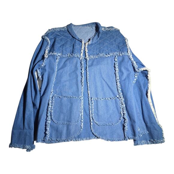 Vtg Y2K Light Wash Open Front Frayed Edge Quilted Detail Denim Jacket Sz L - Picture 1 of 3